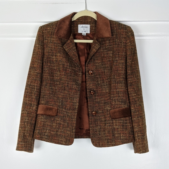 Vintage Wool Blend Brown Tweed Suede Blazer Jacket - Picture 2 of 7